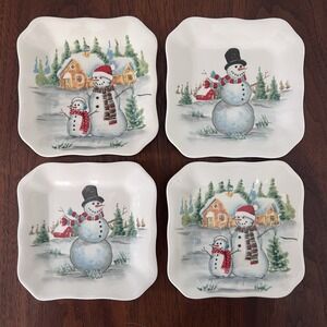 4 x Maxcera Plates NEW Snowman Dessert Appetizer 5x5" Square Holiday Christmas